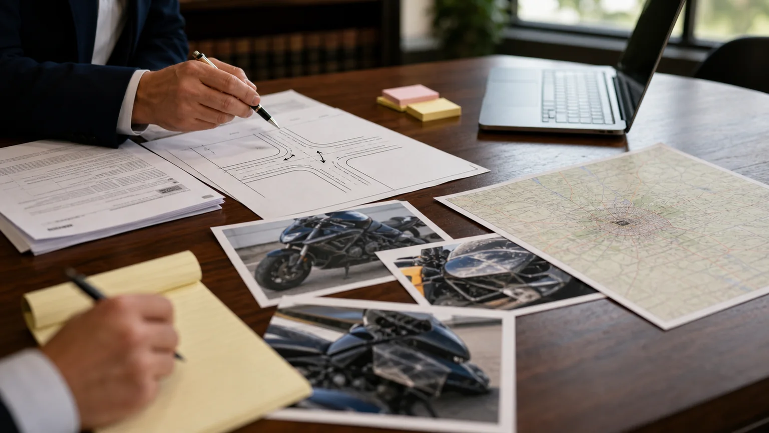 Attorney reviewing a left-turn motorcycle crash diagram and Fort Wayne roadway evidence