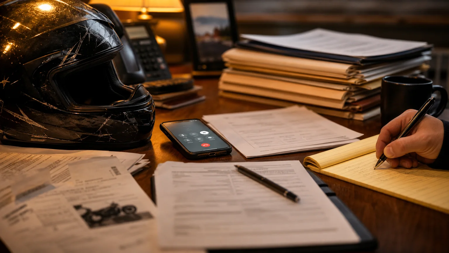 Motorcycle helmet, claim notes, and insurance call materials after an Indiana motorcycle crash