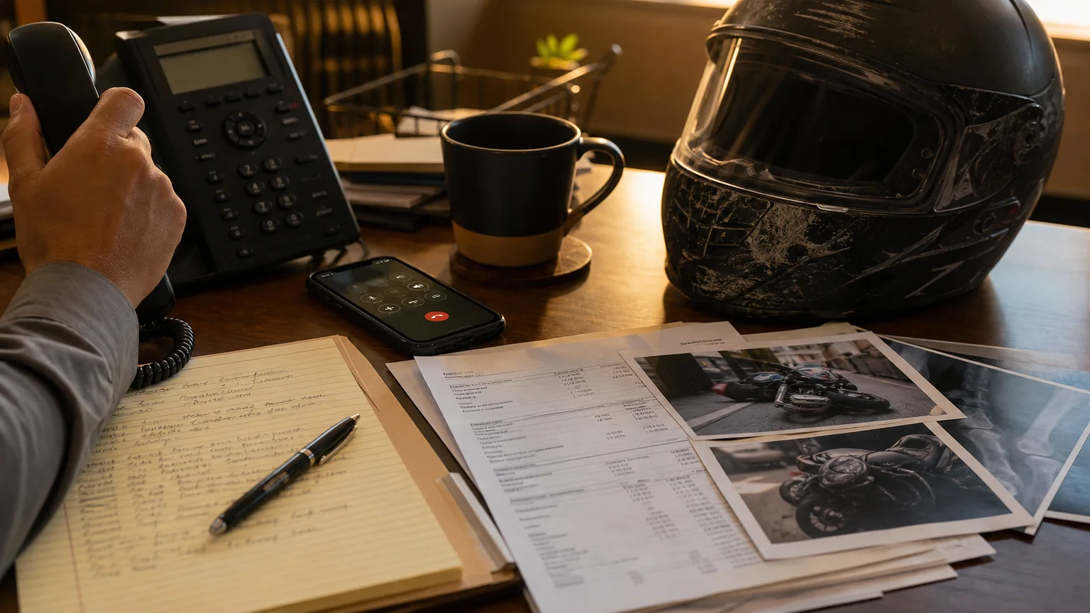 Motorcycle accident attorney reviewing helmet, medical imaging, and crash evidence with an injured rider