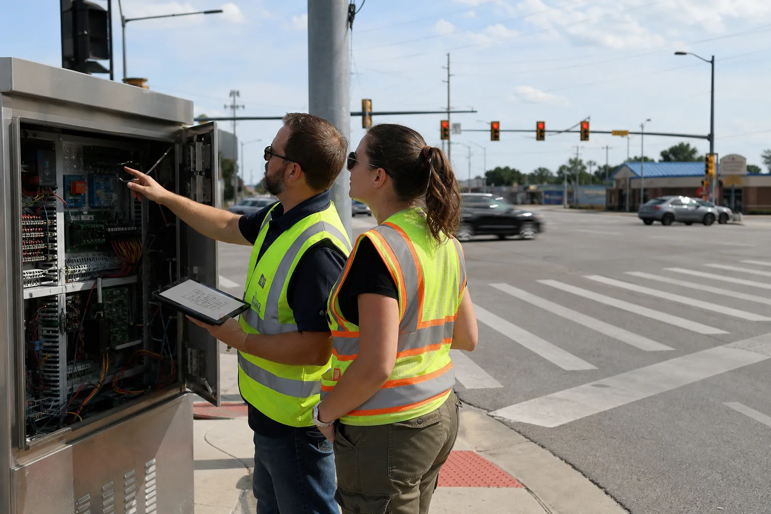 Driver-eye view past a windshield pillar and mirror toward a crosswalk