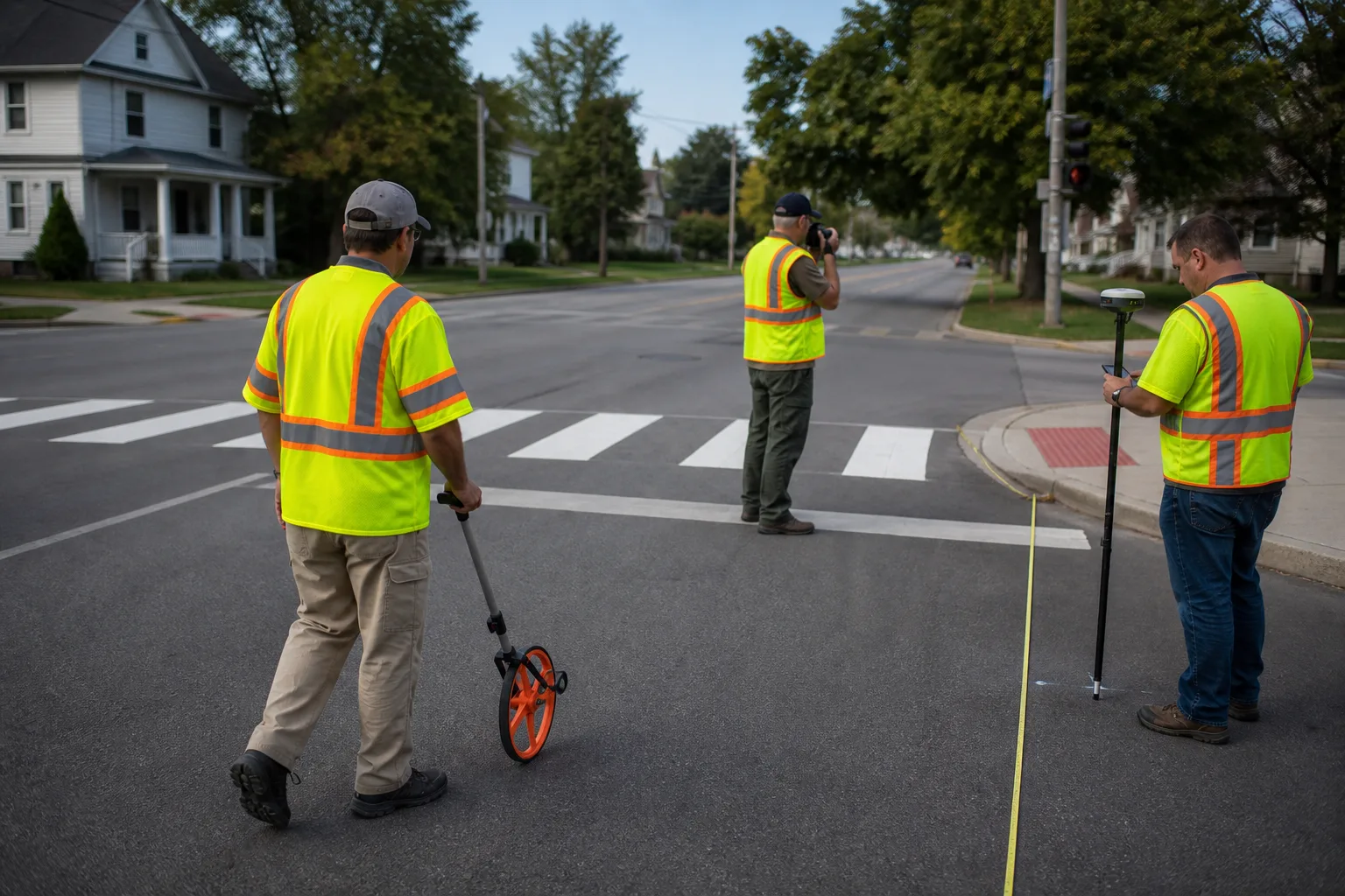 Crosswalk dimensions and sight lines being documented at an Indiana intersection