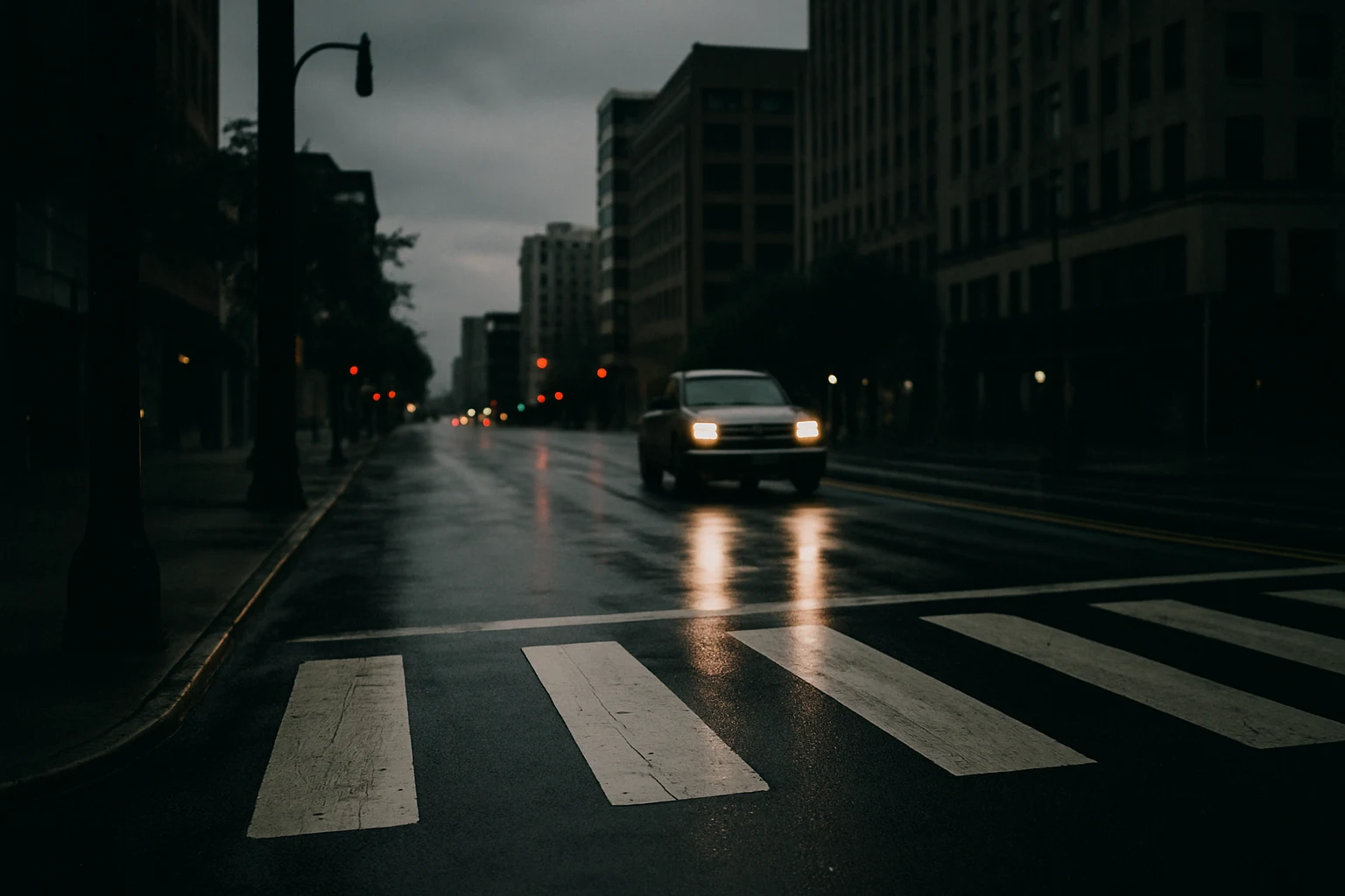 Pedestrian crosswalk on a wet downtown Fort Wayne street at dusk with pickup truck headlights approaching