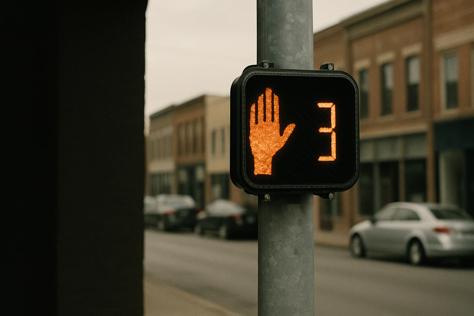Pedestrian walk signal counting down at a Fort Wayne intersection with traffic in the background