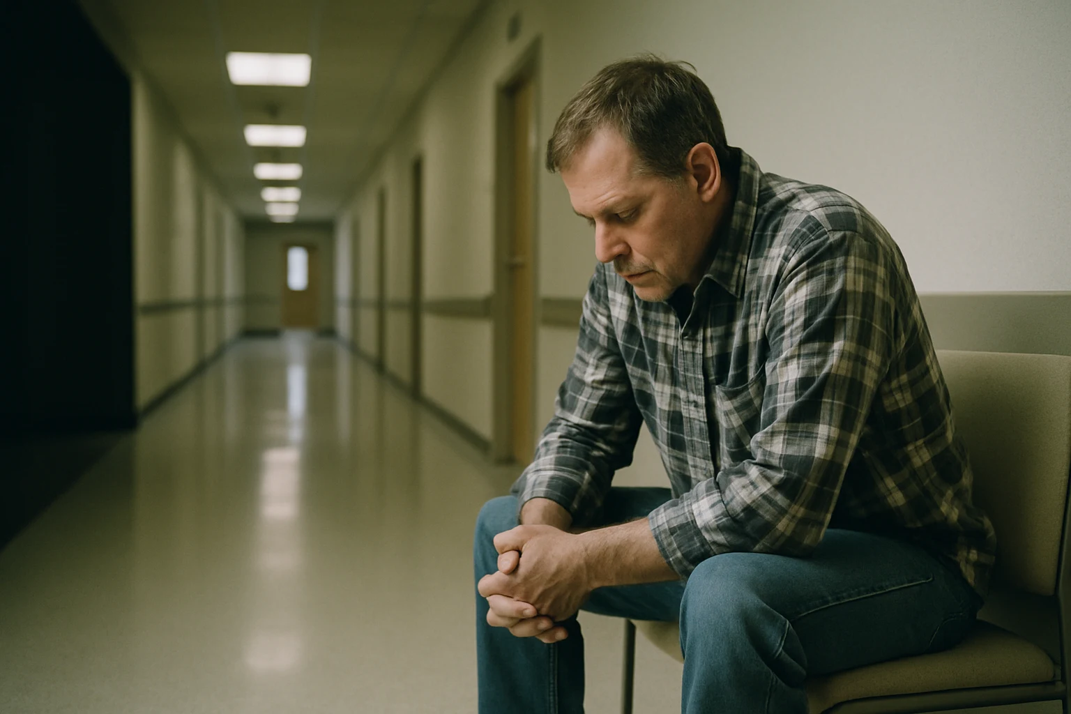 Family member sitting in a Fort Wayne hospital corridor waiting outside an emergency room treatment bay