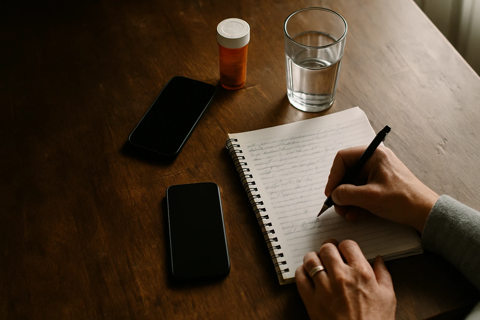 Person sitting at a kitchen table writing notes in a spiral notebook with a phone and prescription bottle nearby