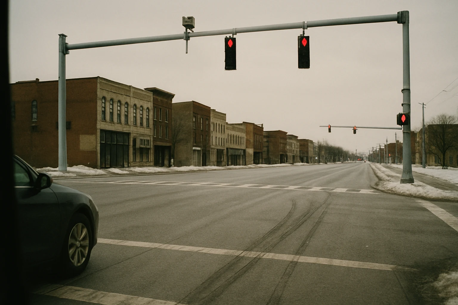 Wide view of a Fort Wayne intersection with skid marks and traffic-camera mast in the foreground