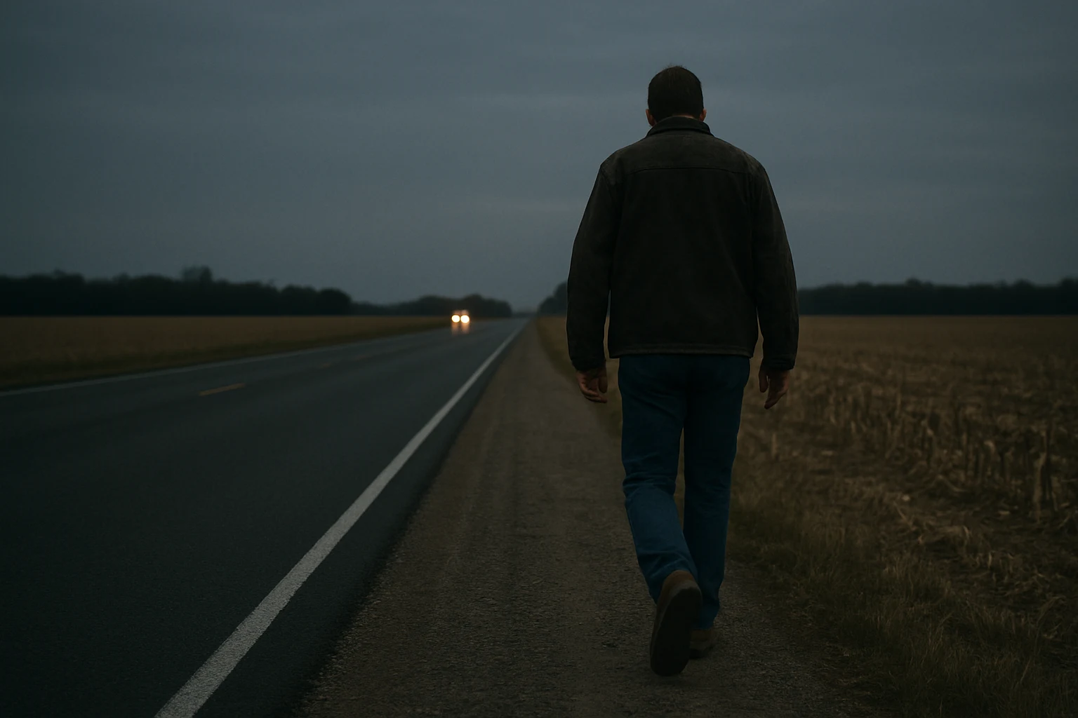 Pedestrian walking along a poorly lit shoulder of a rural Indiana state road at dusk