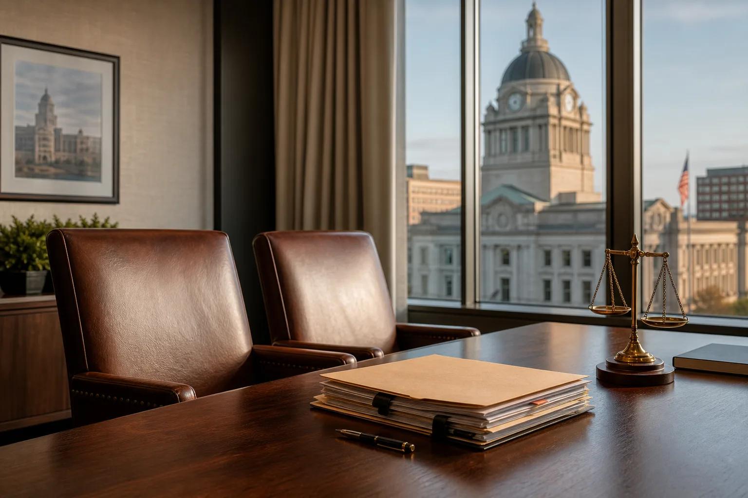 Two client chairs and one connected legal file in a Fort Wayne courthouse conference room