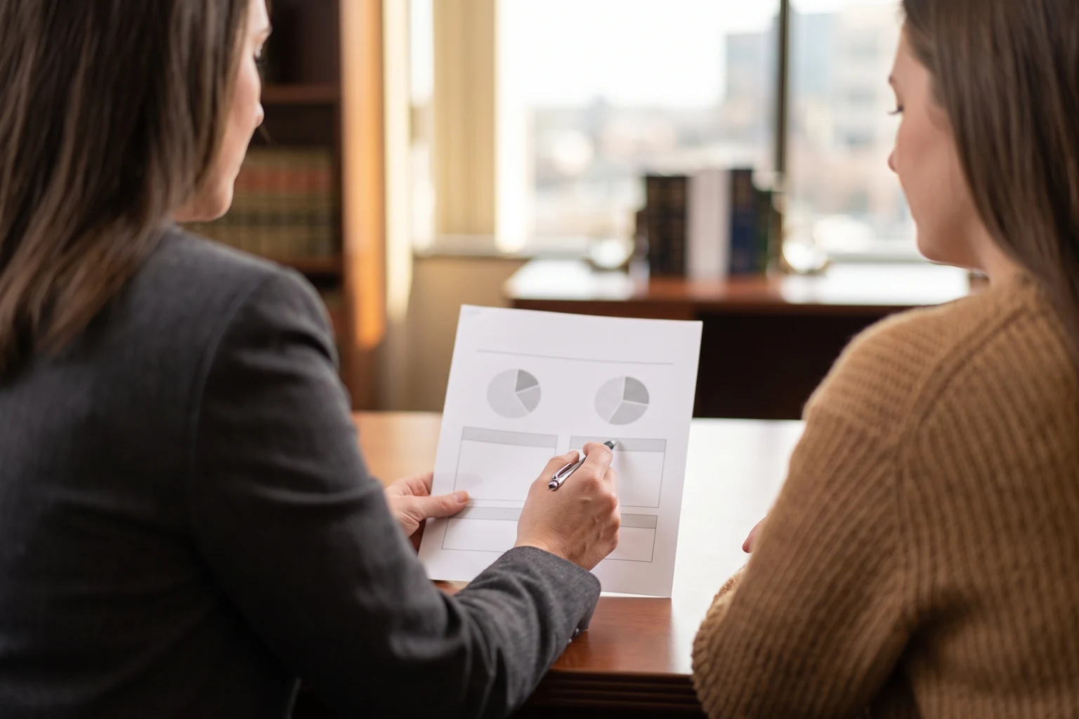 Attorney explaining a settlement distribution chart during an Indiana medical lien consultation