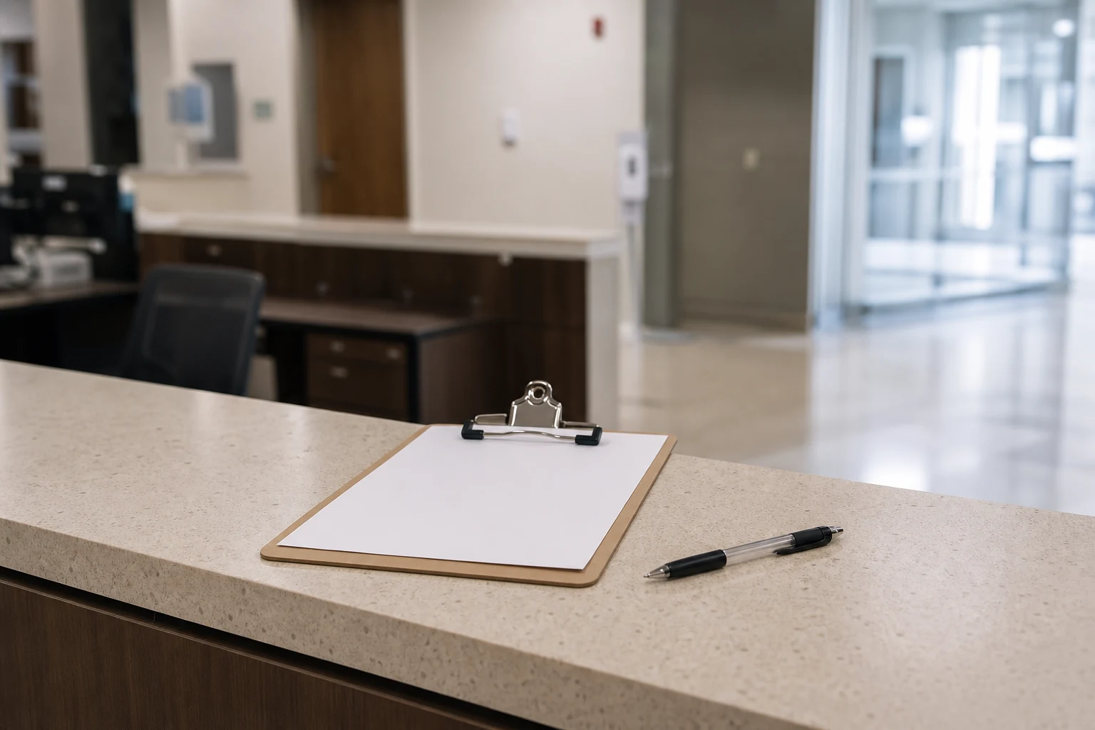 Hospital billing counter with blank clipboard for medical lien review