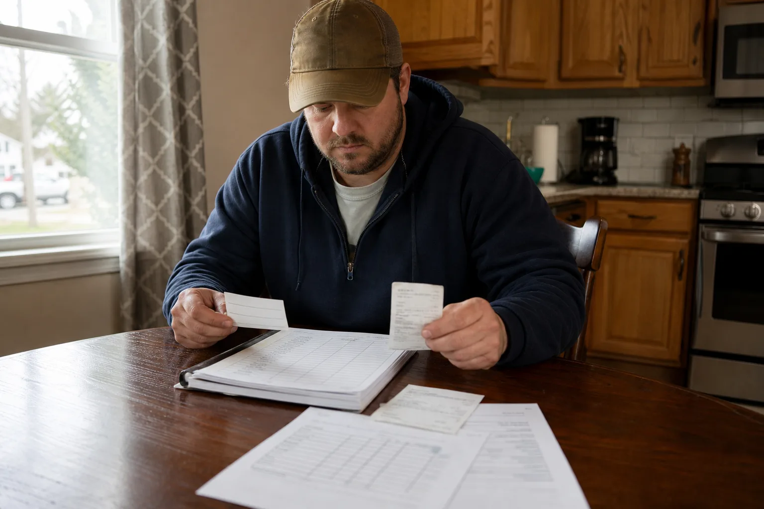 Worker organizing mileage and appointment records at home