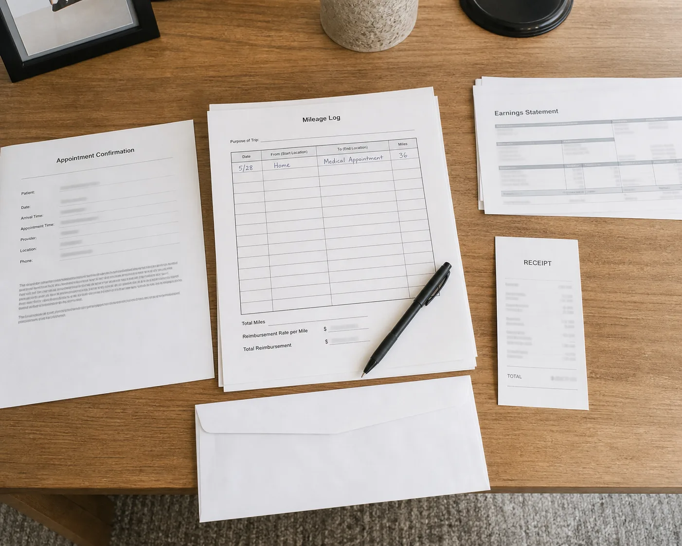 Documents supporting a mileage and appointment-wage request