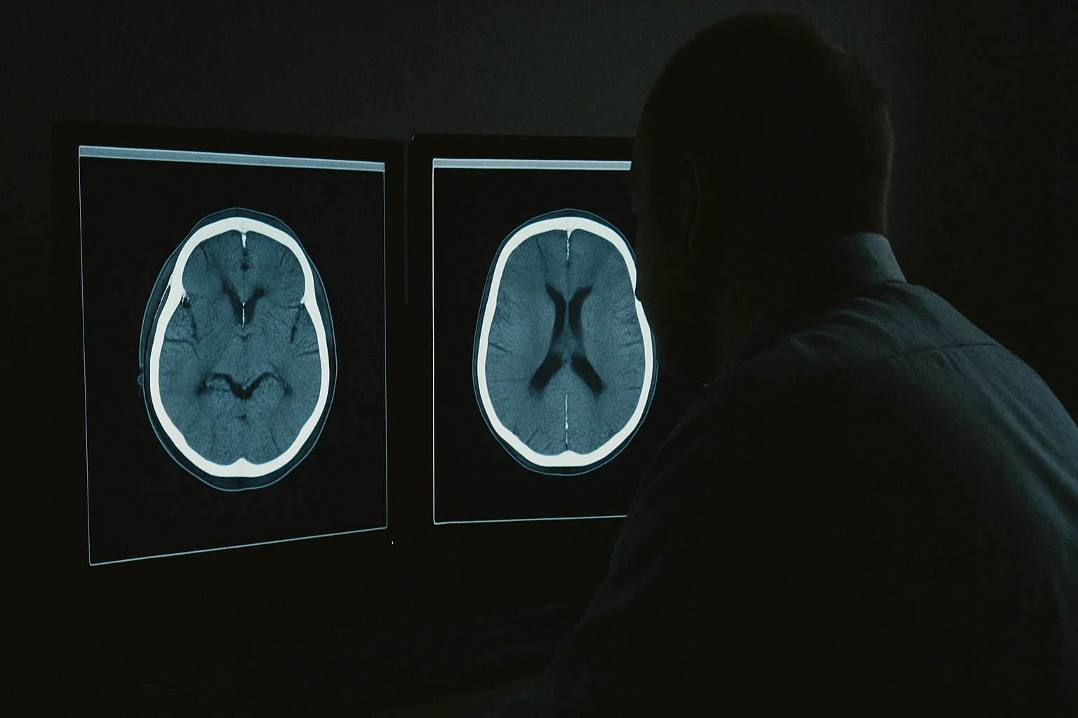 A CT scan of a head injury displayed on a monitor at a Fort Wayne trauma center