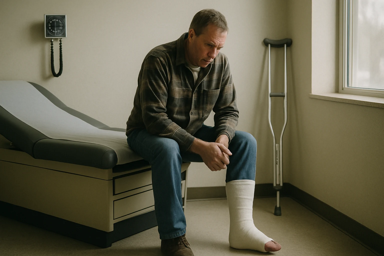 A man in his fifties sits on the edge of an exam table with a leg cast and crutches after a crash on US-30