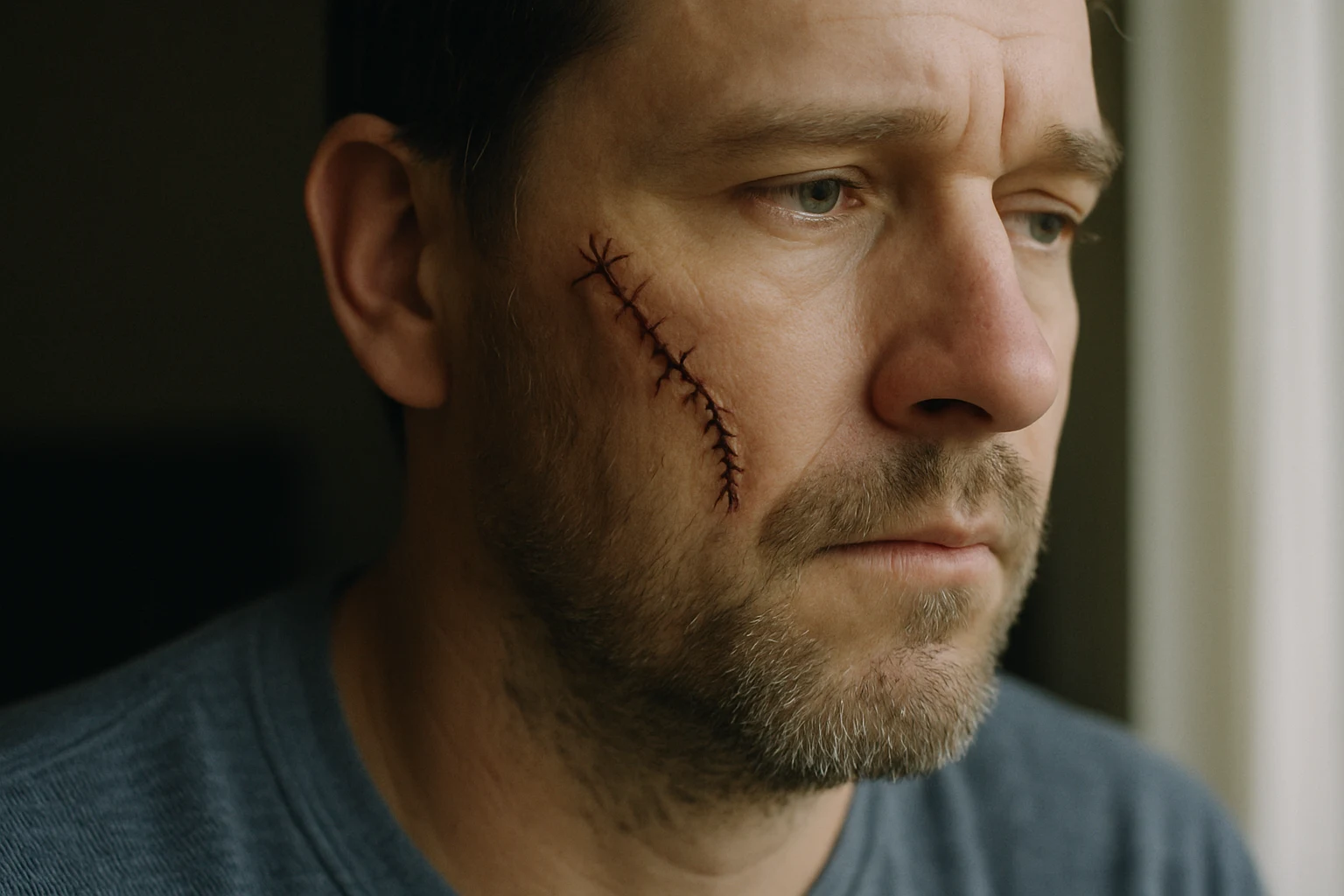 A close-up of a healing facial laceration with sutures on a man in his thirties