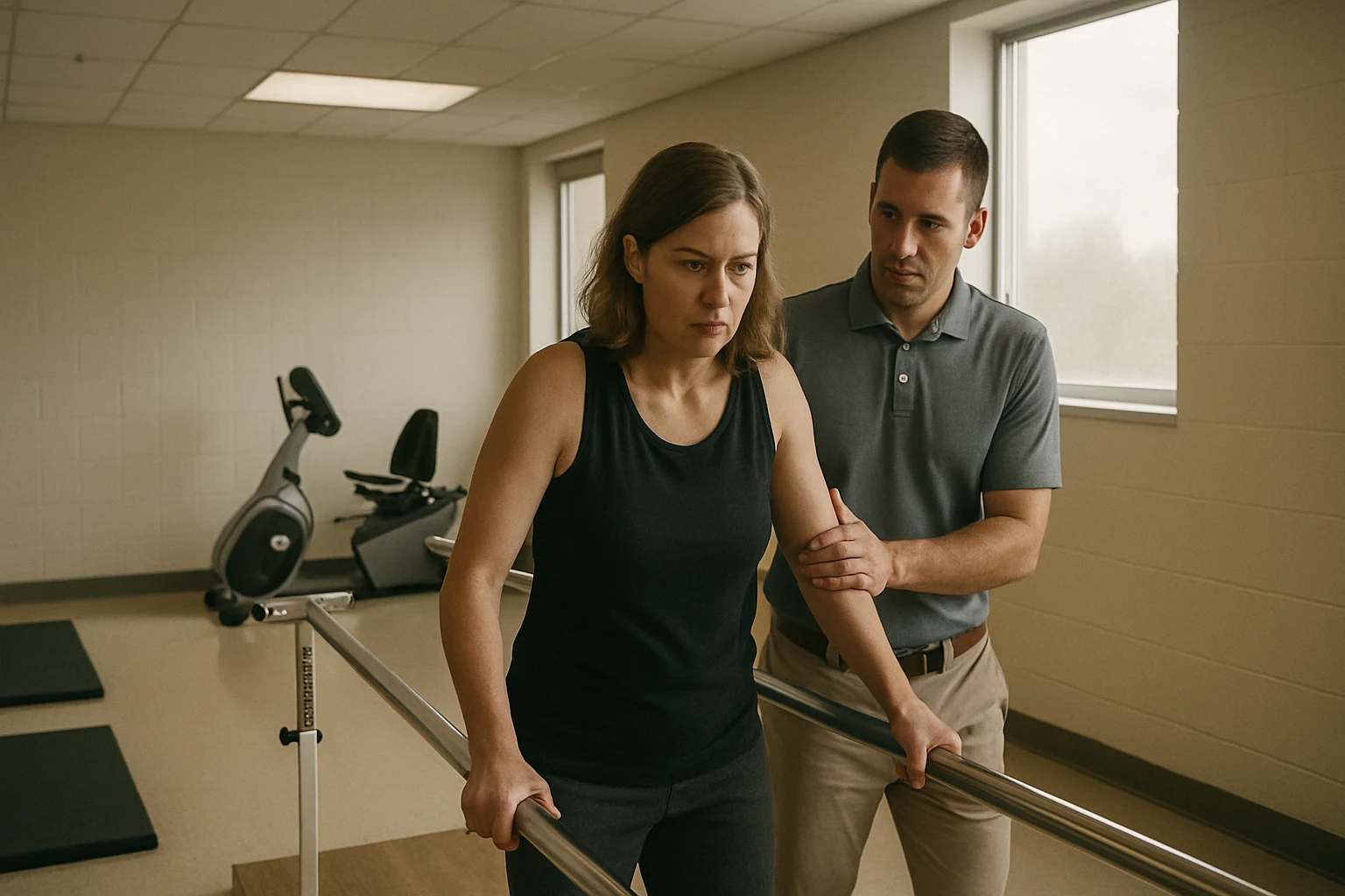 A woman in a Fort Wayne rehabilitation gym working through gait training after a serious crash injury
