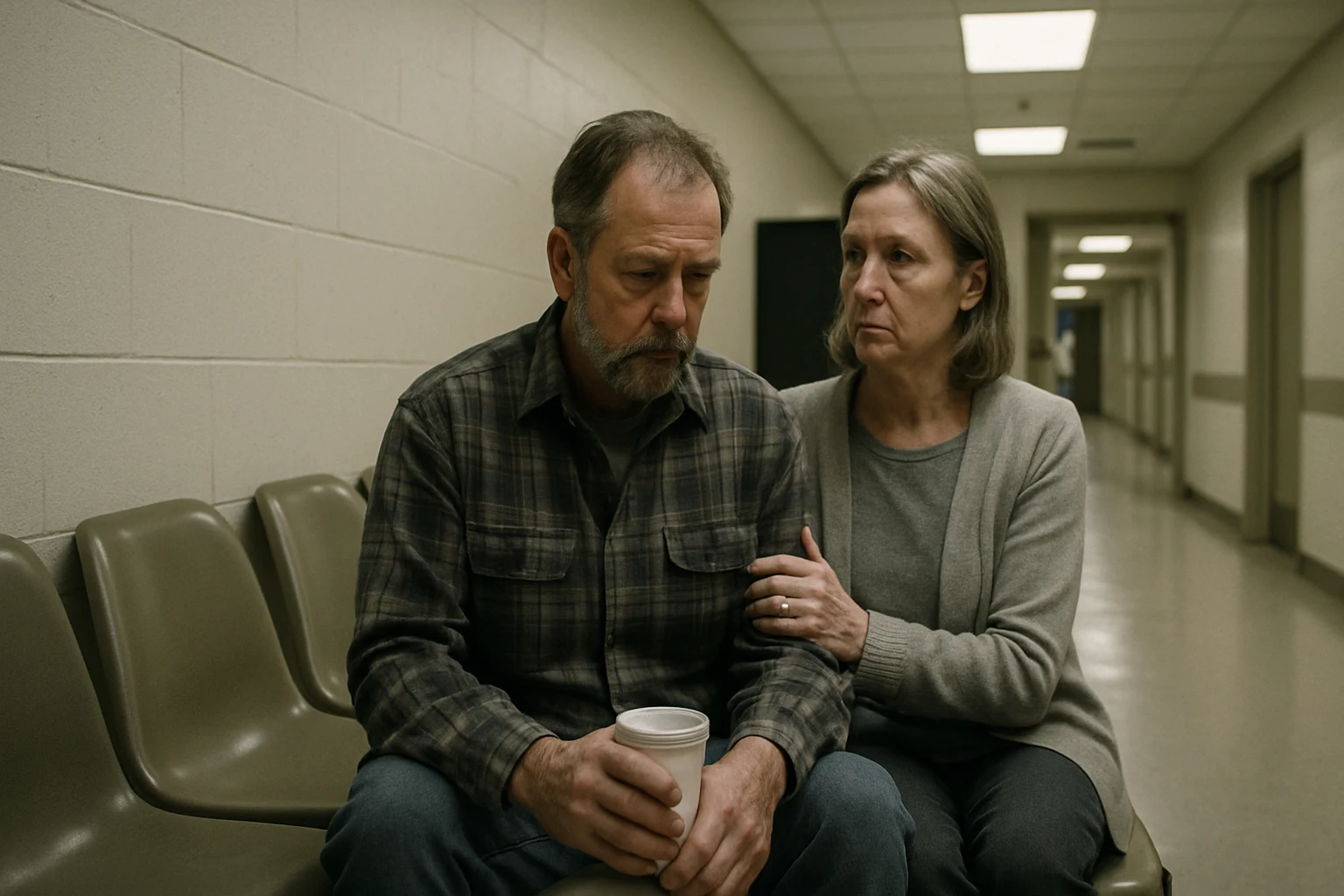 A worried couple sits in a Fort Wayne hospital waiting room while a family member is in surgery after a serious crash