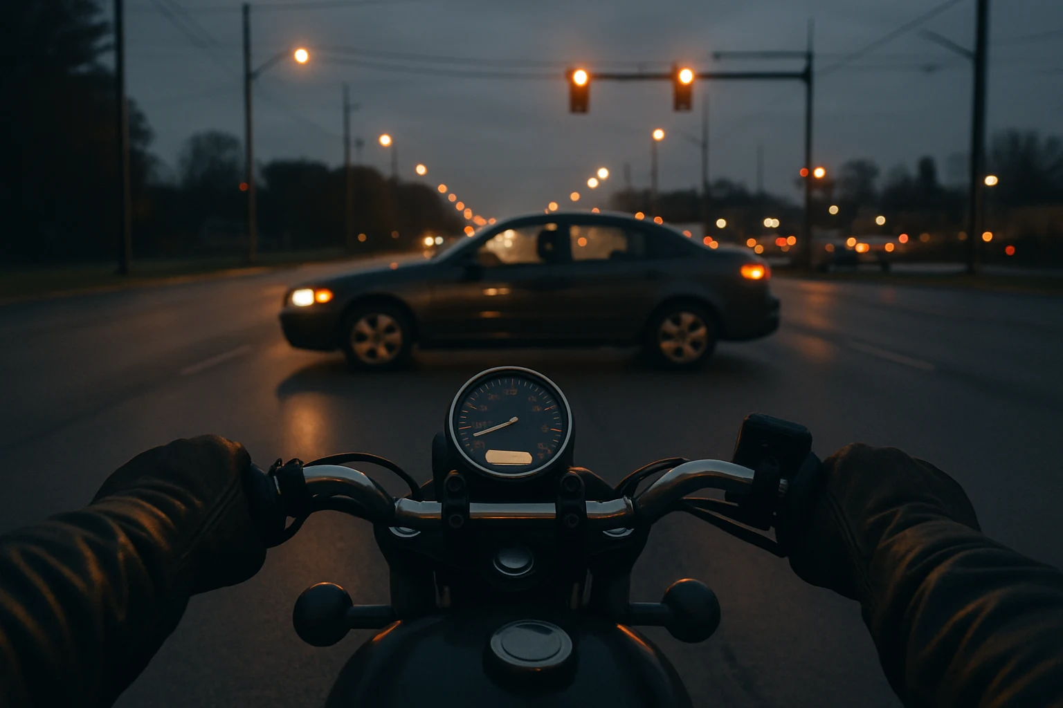 A view through a motorcycle windshield approaching a Fort Wayne intersection where an oncoming sedan is starting a left turn