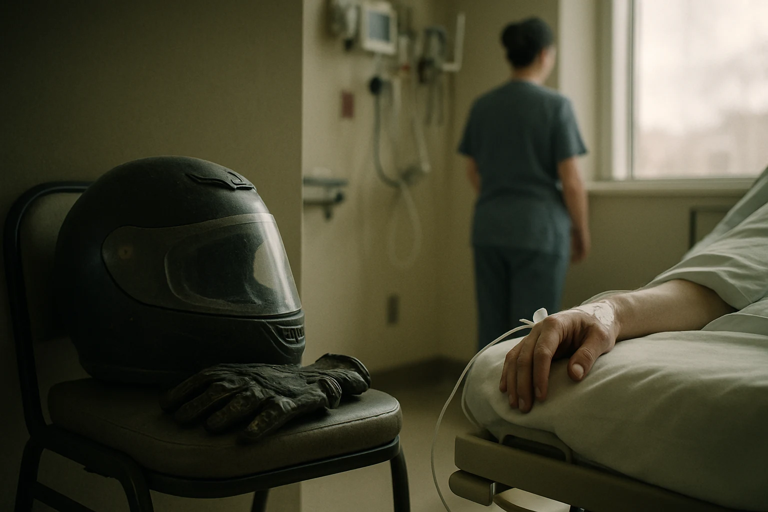 Trauma bay in a Fort Wayne emergency room with a worn motorcycle helmet on a chair beside a hospital bed