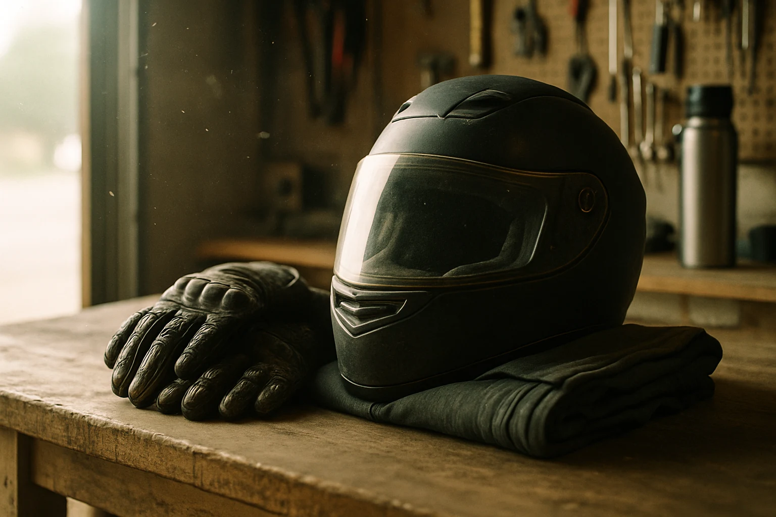 A full-face motorcycle helmet and gloves resting on a wooden bench in a Indiana garage