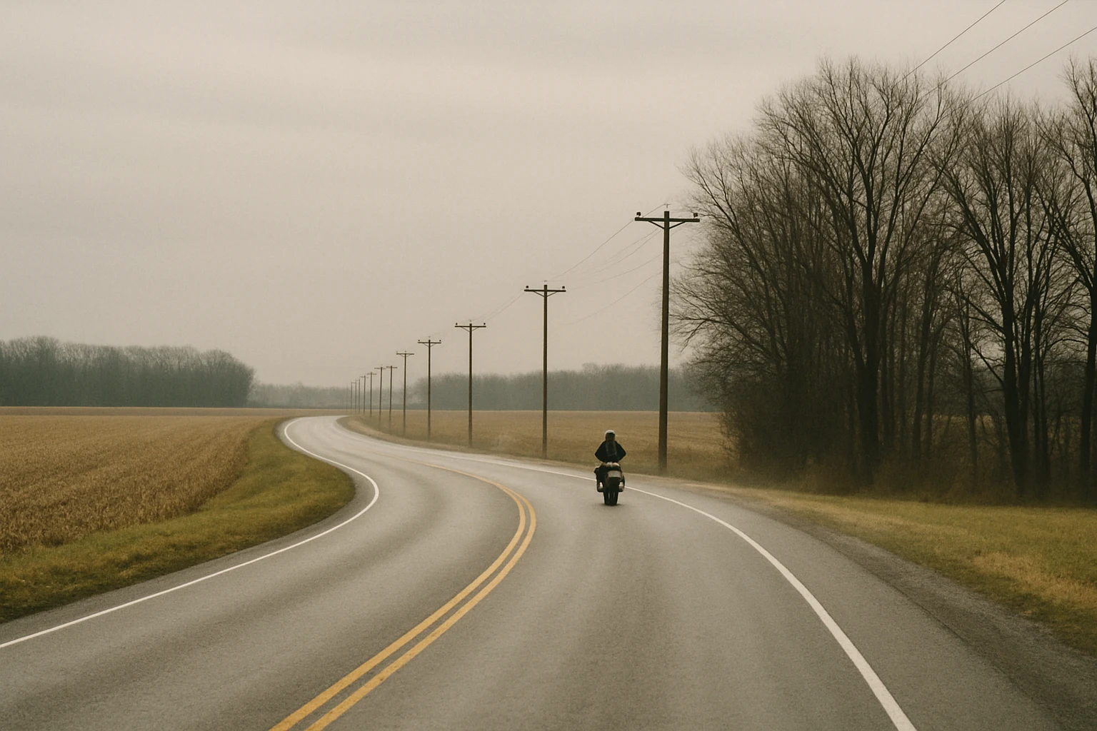A two-lane Indiana state highway curving through harvested farmland under an overcast sky