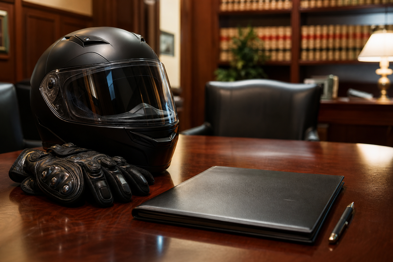 A motorcycle helmet beside insurance paperwork after an Indiana crash