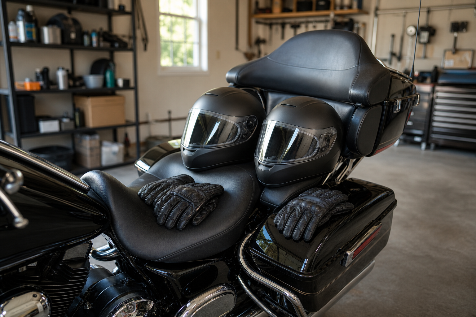 Two motorcycle helmets and gloves on touring motorcycle passenger seat