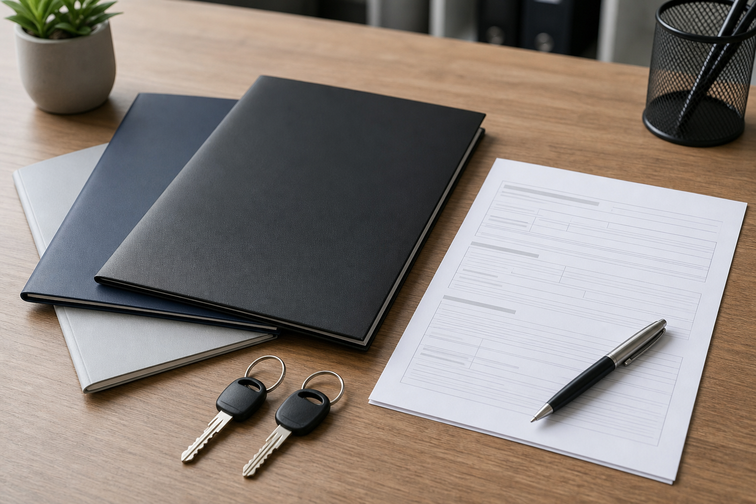 Blank insurance policy folders and motorcycle keys for passenger injury claim