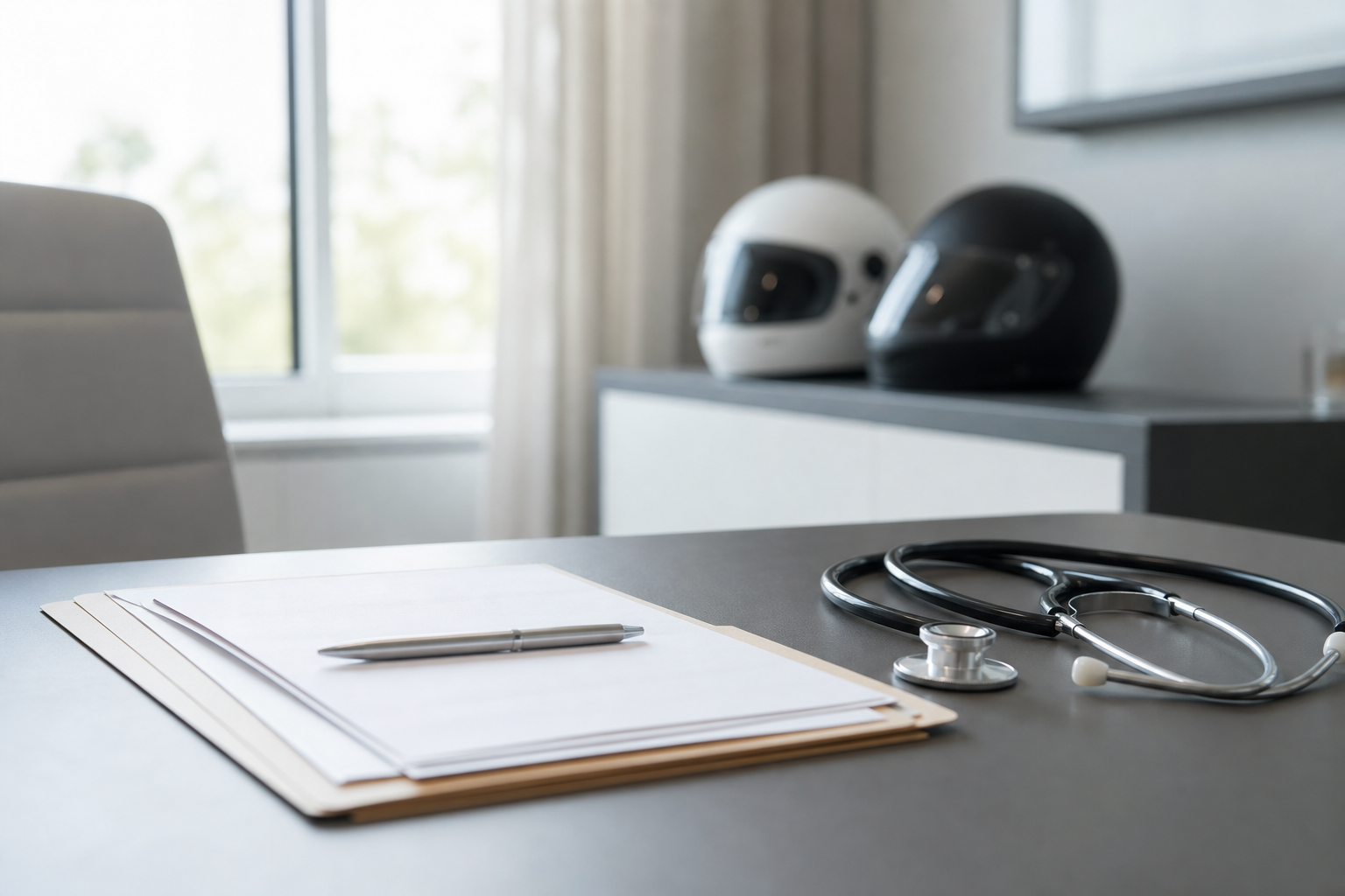 Blank medical chart and two motorcycle helmets for passenger injury documentation