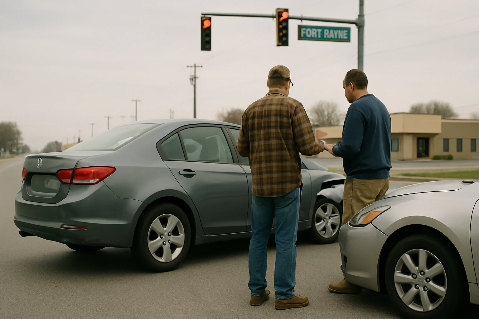 A minor rear-end fender bender at a Fort Wayne intersection with two stopped cars and almost no visible damage