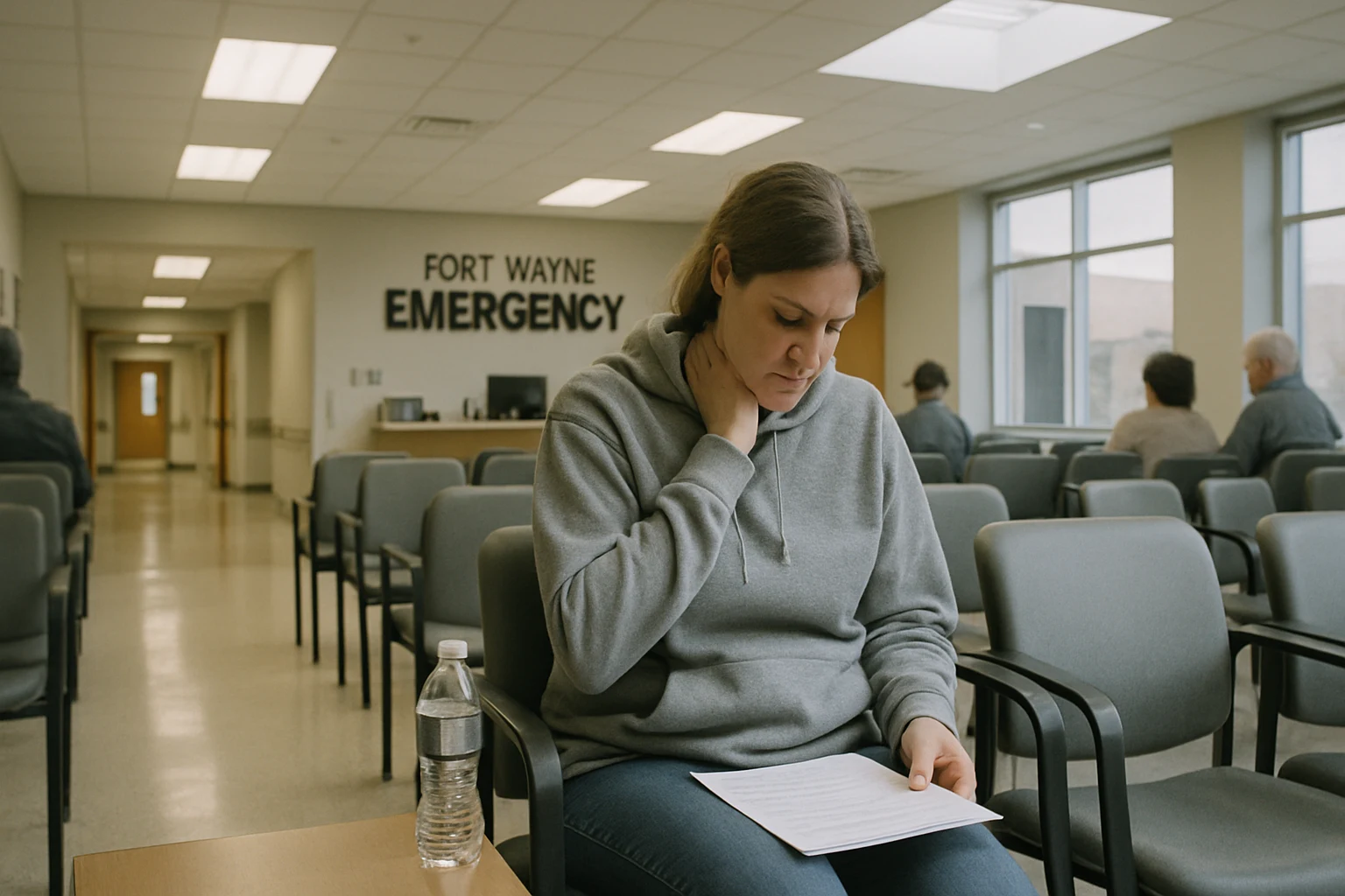 Fort Wayne emergency room waiting room where a low impact crash victim sits with neck pain after a fender bender