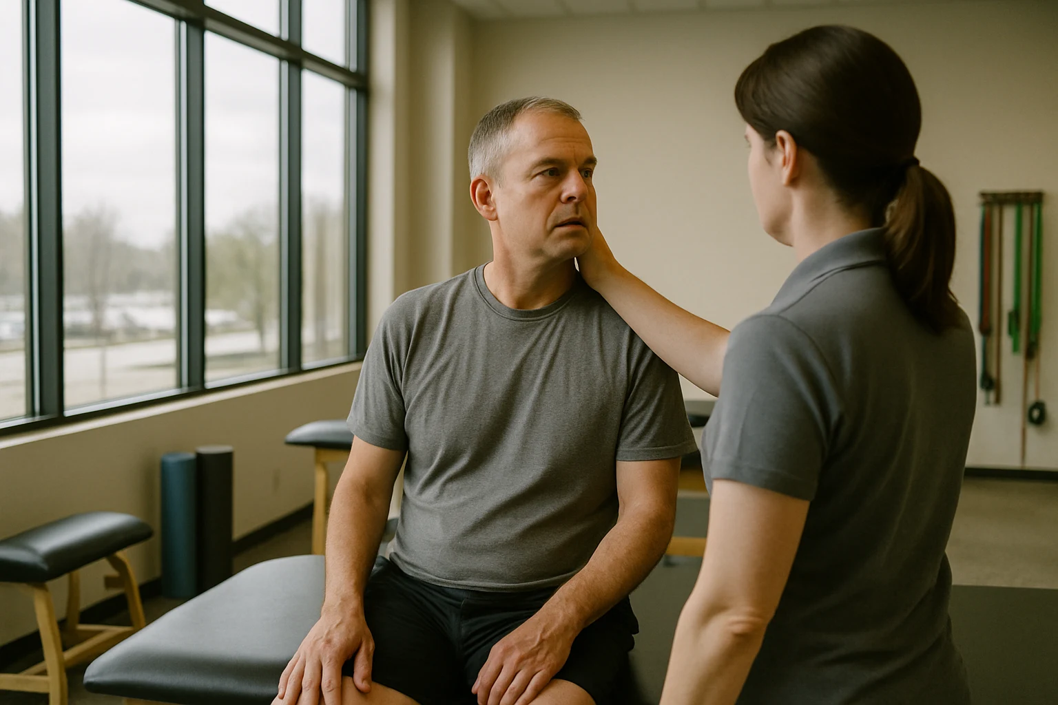 Fort Wayne physical therapy clinic with a low impact crash patient doing cervical range of motion exercises with a therapist