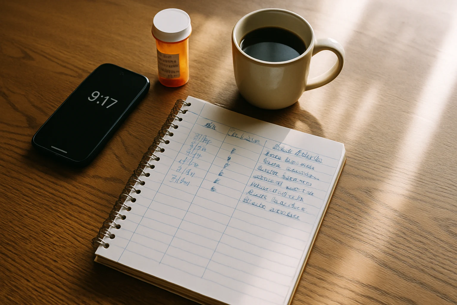 A daily pain journal on a kitchen table tracking neck and headache symptoms after a low impact Indiana car crash