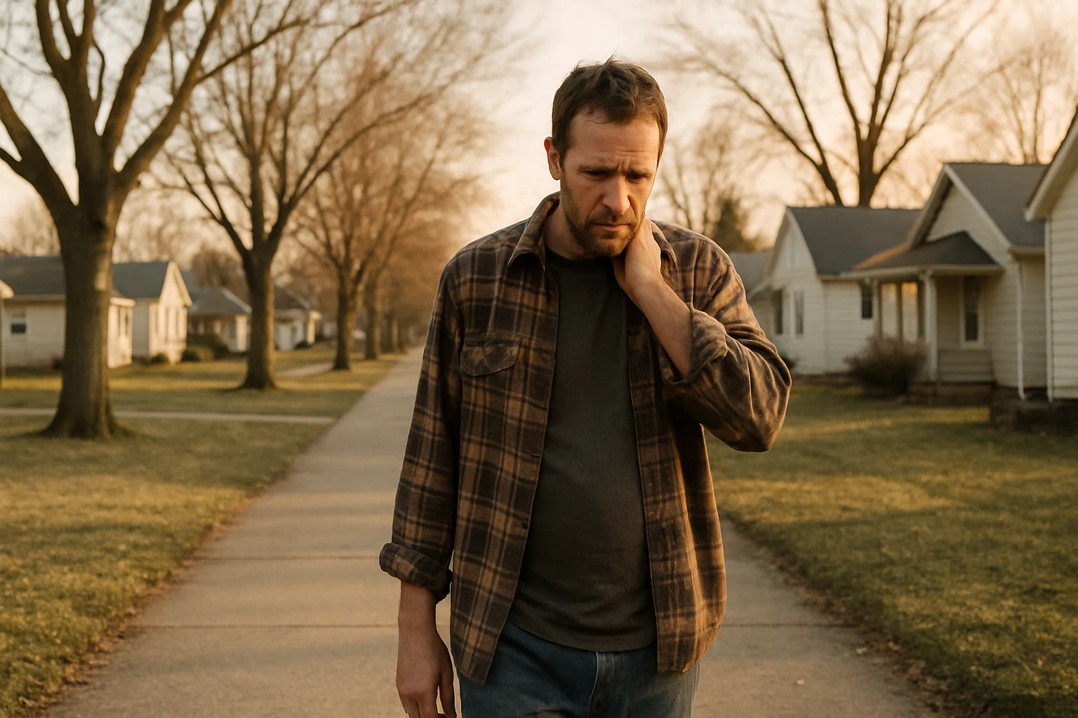 Fort Wayne crash victim walking slowly down a neighborhood sidewalk in golden hour while recovering from a low impact crash injury
