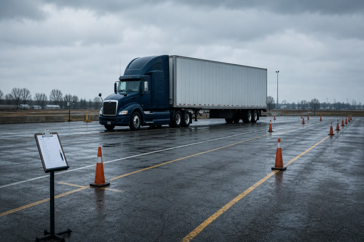 Semi truck driver training yard with cones and tractor trailer in Indiana