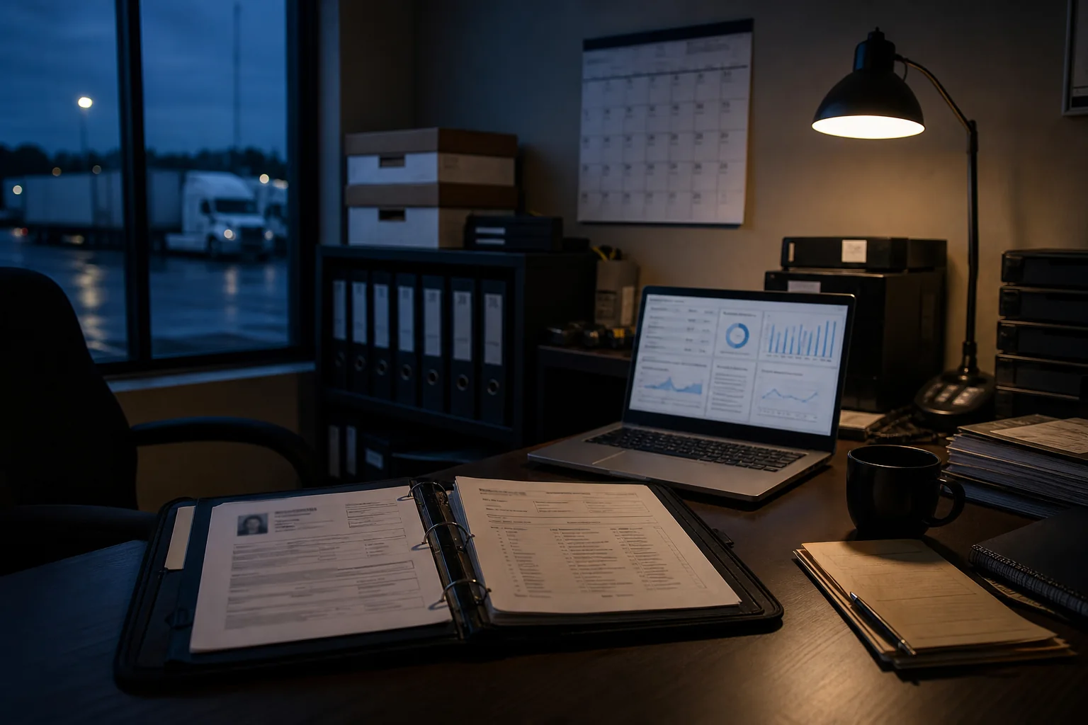 Driver history file and trucking safety records in a company office