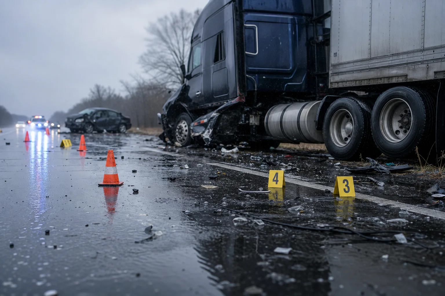Rainy Indiana roadside after semi truck collision with evidence cones
