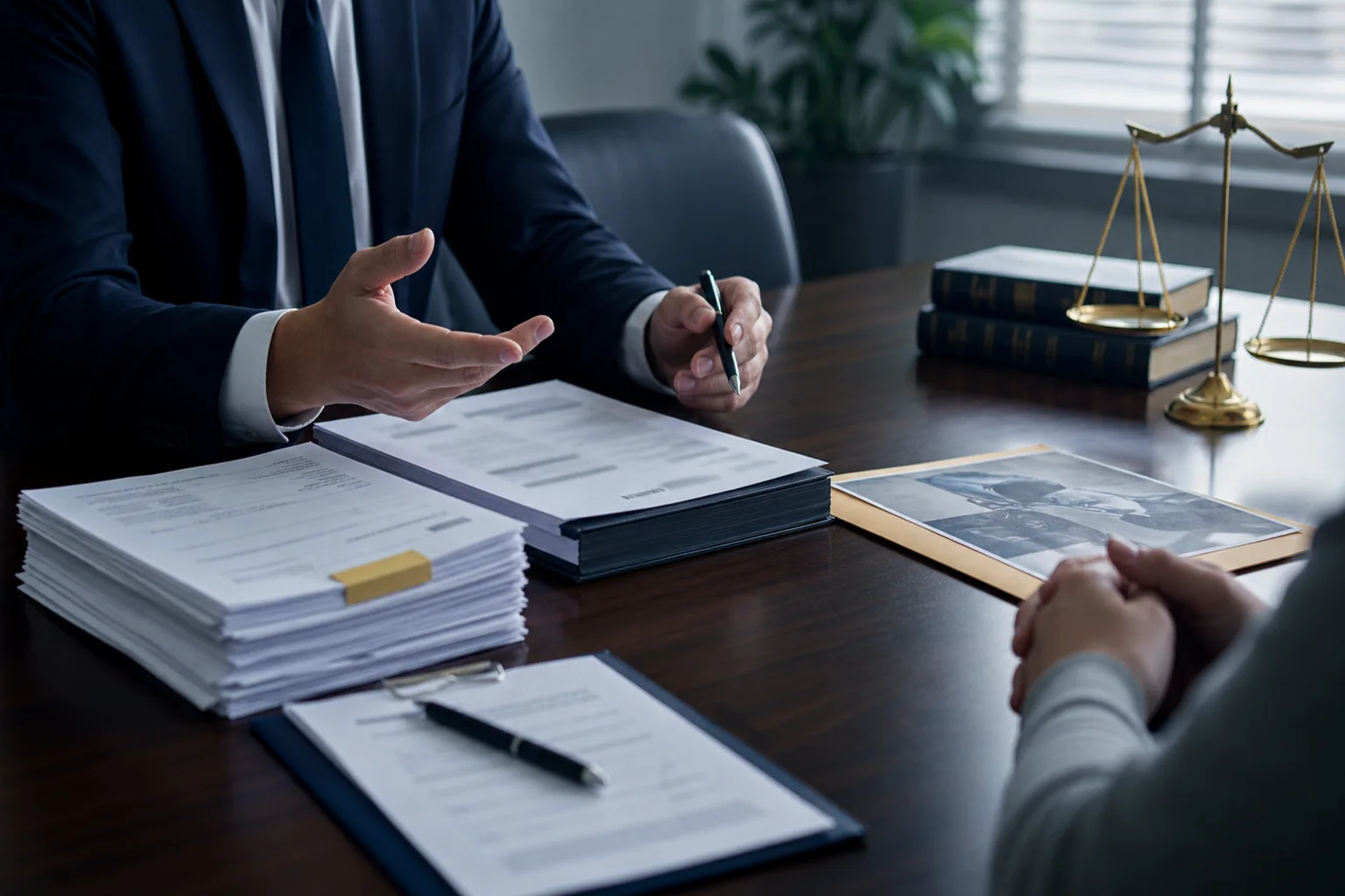 Attorney conference table with trucking negligence case file and insurance documents