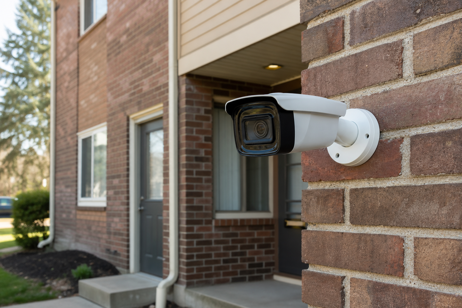 Security camera mounted on the exterior of a Fort Wayne apartment building