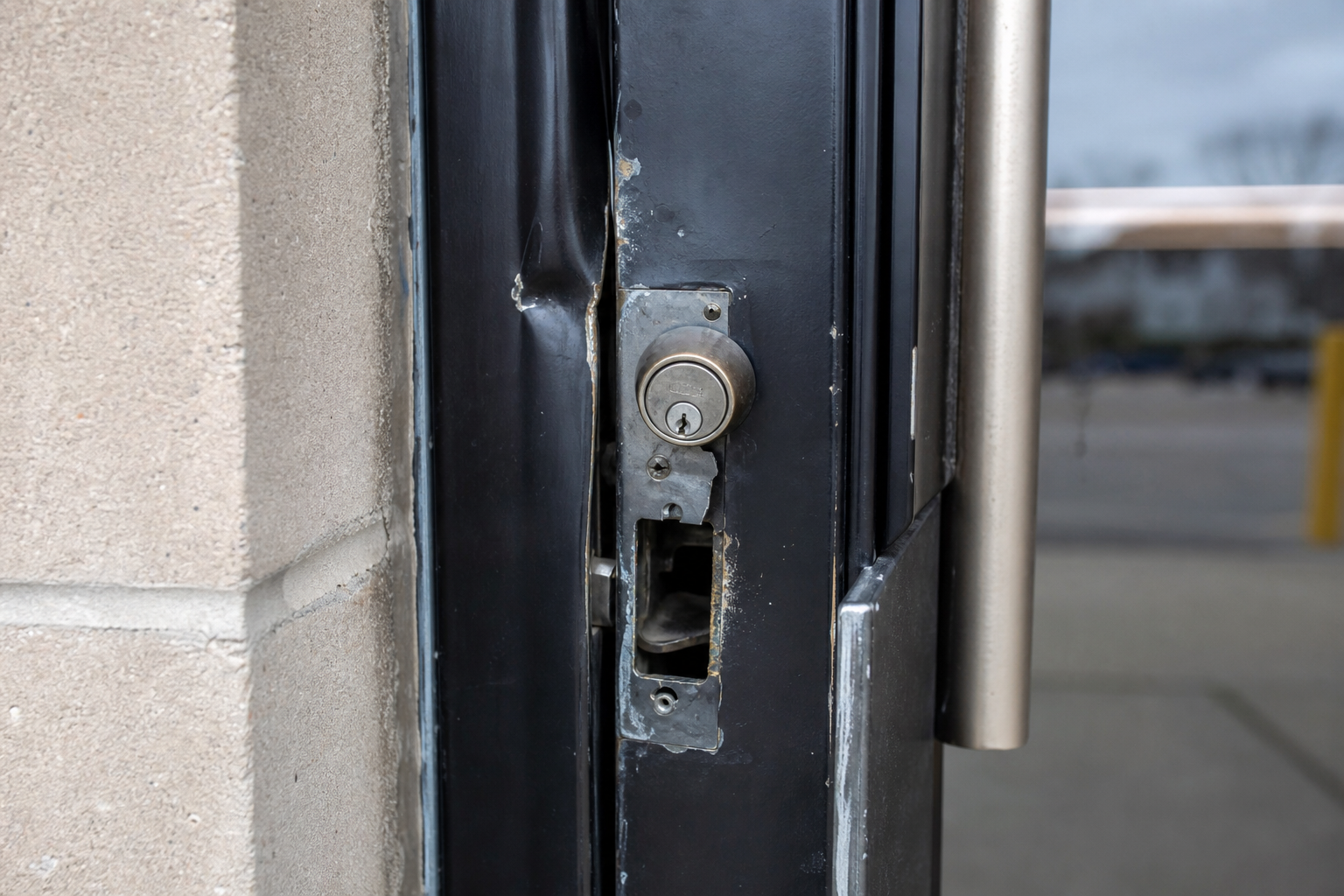 Broken exterior door lock on a Fort Wayne commercial building
