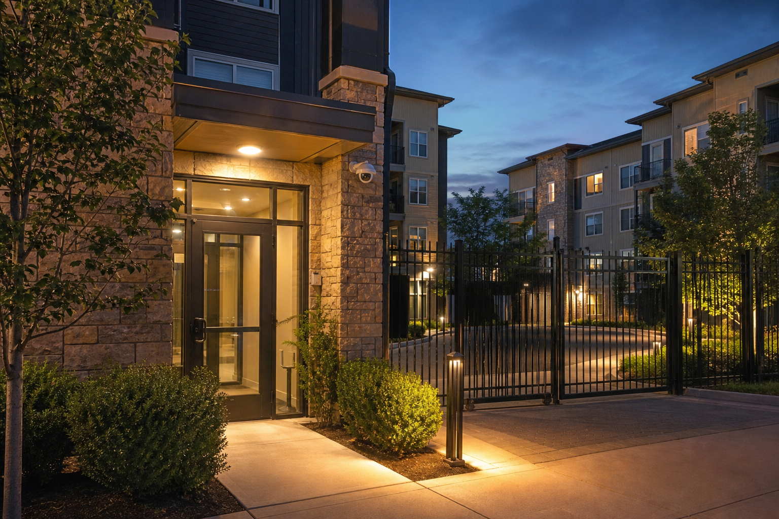 Well-lit apartment complex entrance with working cameras and secure gate in Fort Wayne