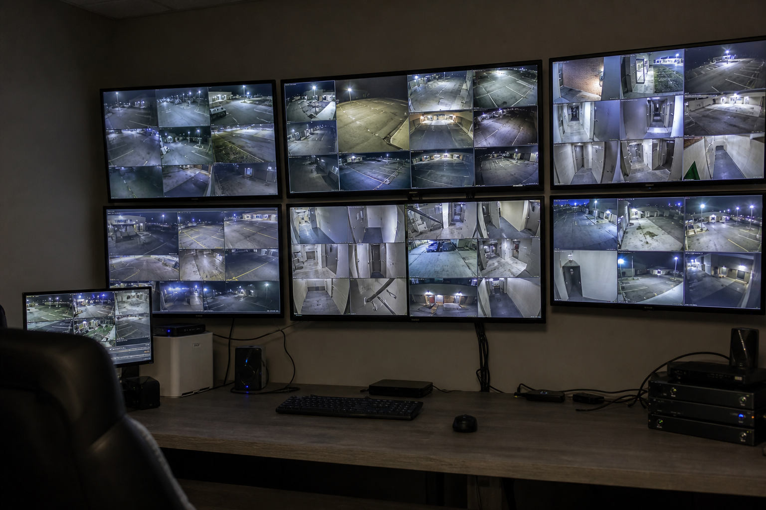 Surveillance monitor showing camera feeds inside a Fort Wayne business security office