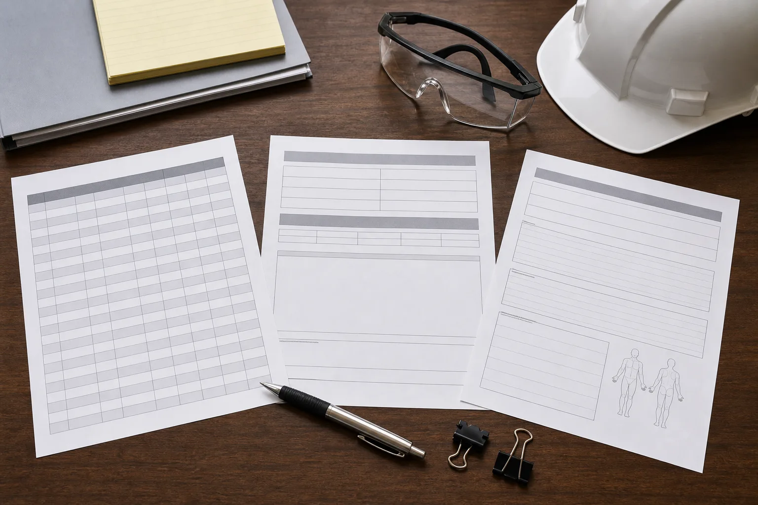 Workplace injury log, annual summary, and incident report forms on a safety office desk
