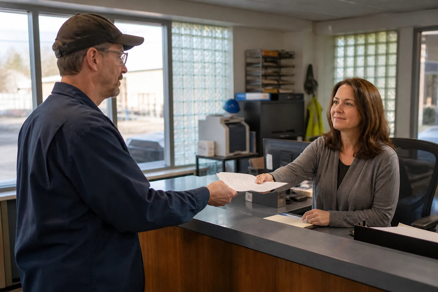 Indiana employee delivering a written workplace-records request at an office counter