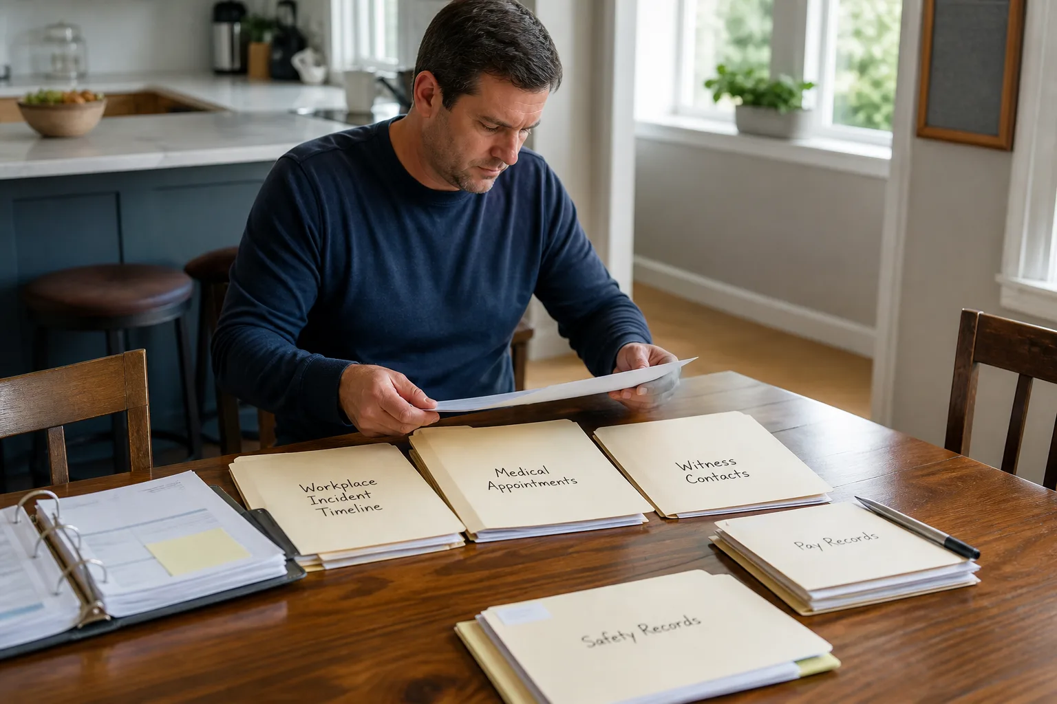 Work-accident documents and photographs being organized into an evidence folder