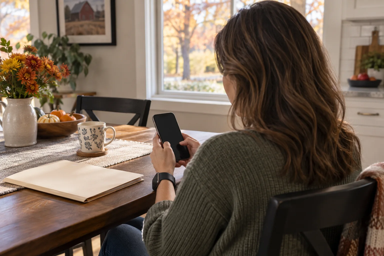 Woman seated at a kitchen table reviewing her phone