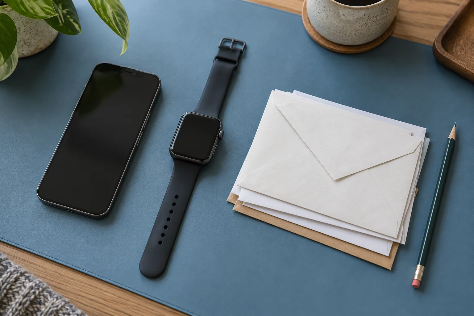 Phone and smartwatch beside paper records on a blue desk mat