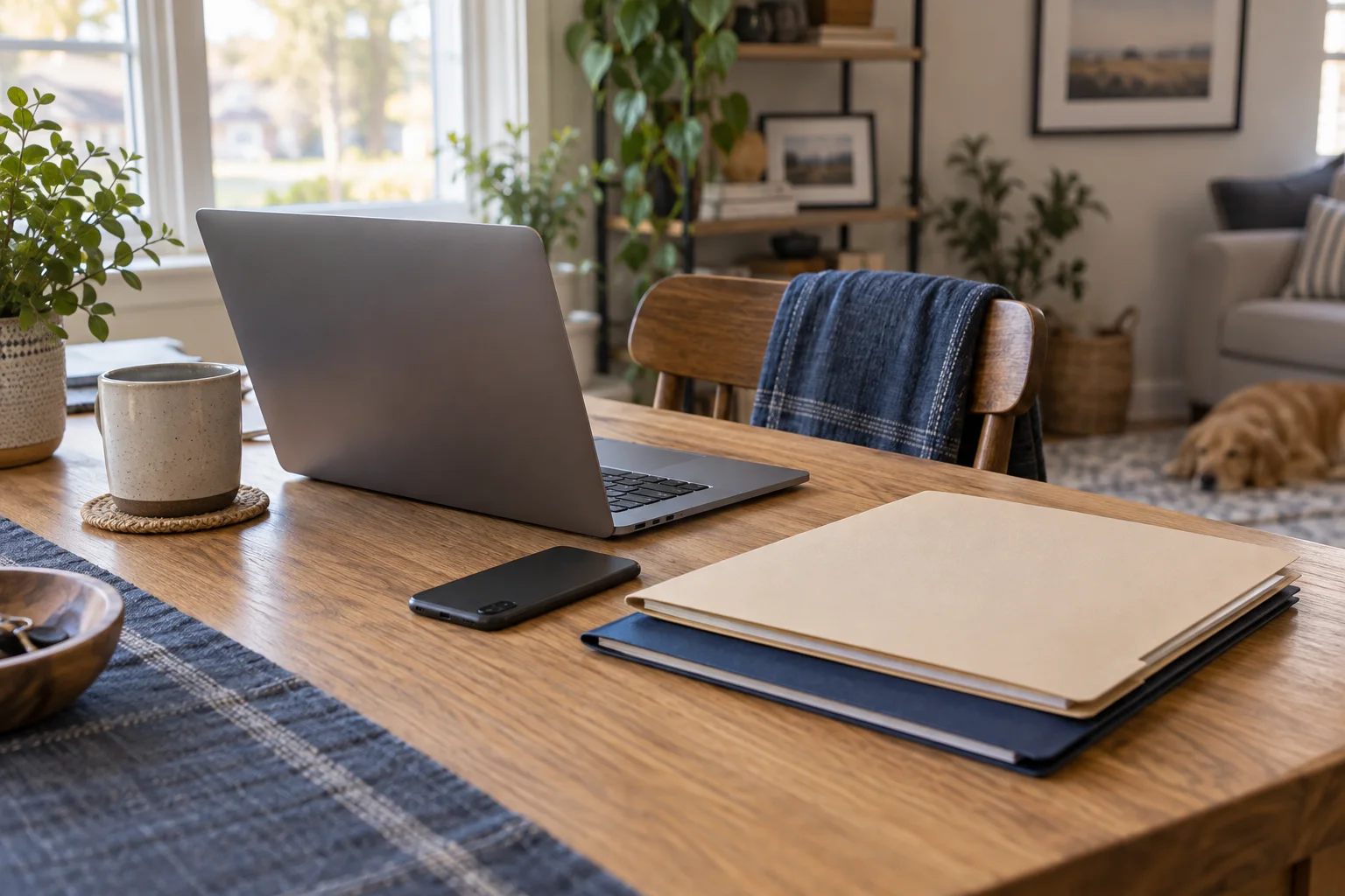 Laptop, folders, and phone arranged for reviewing separate record sources