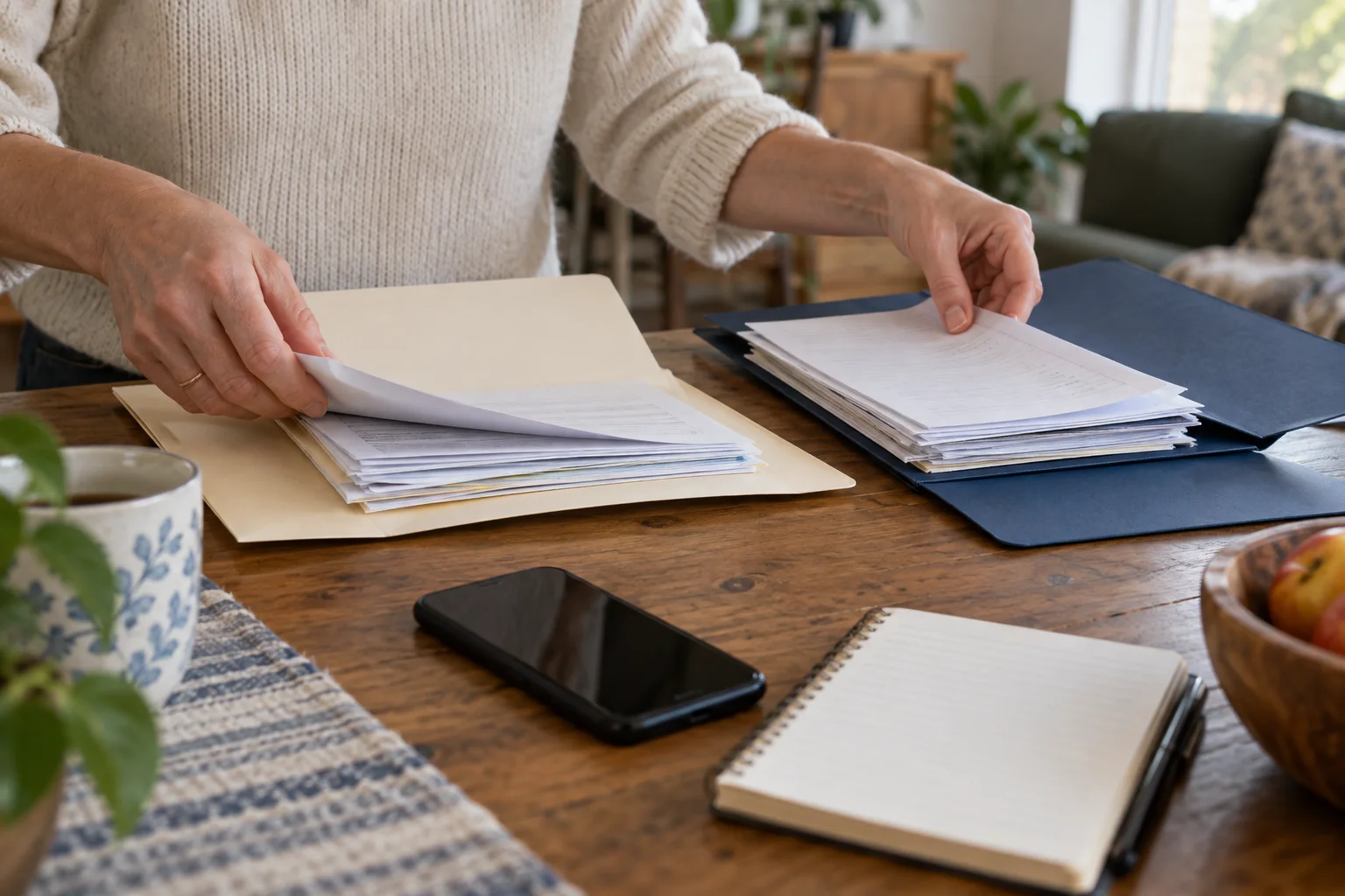 Hands organizing copies and notes into separate document folders
