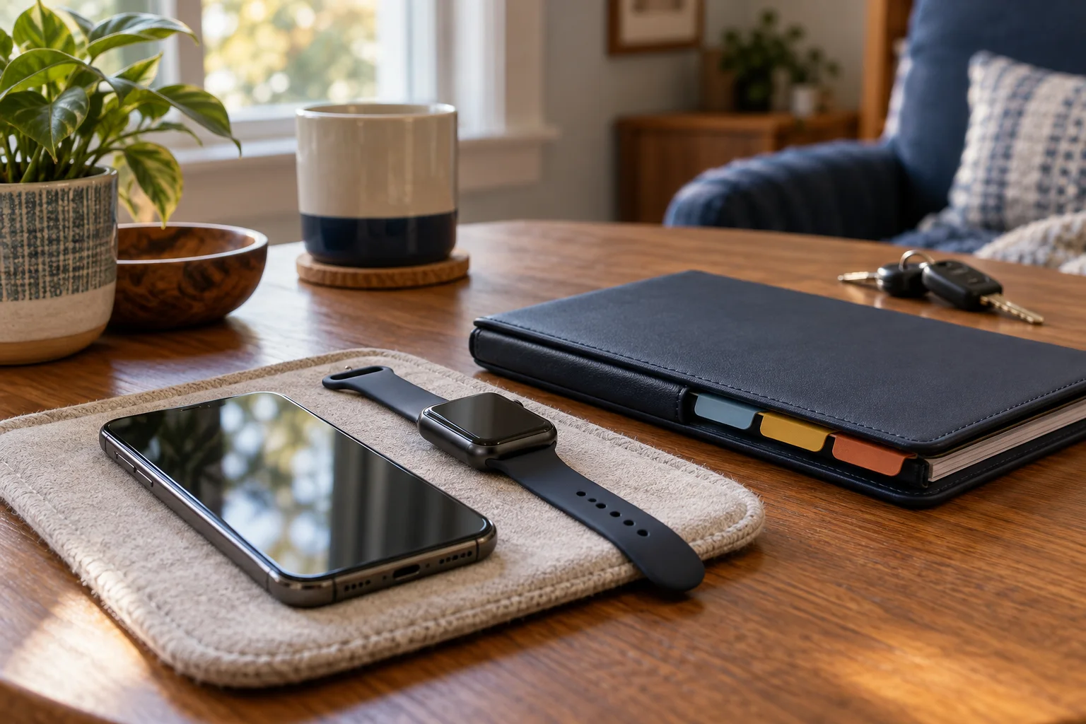 Phone and smartwatch beside a portable document organizer